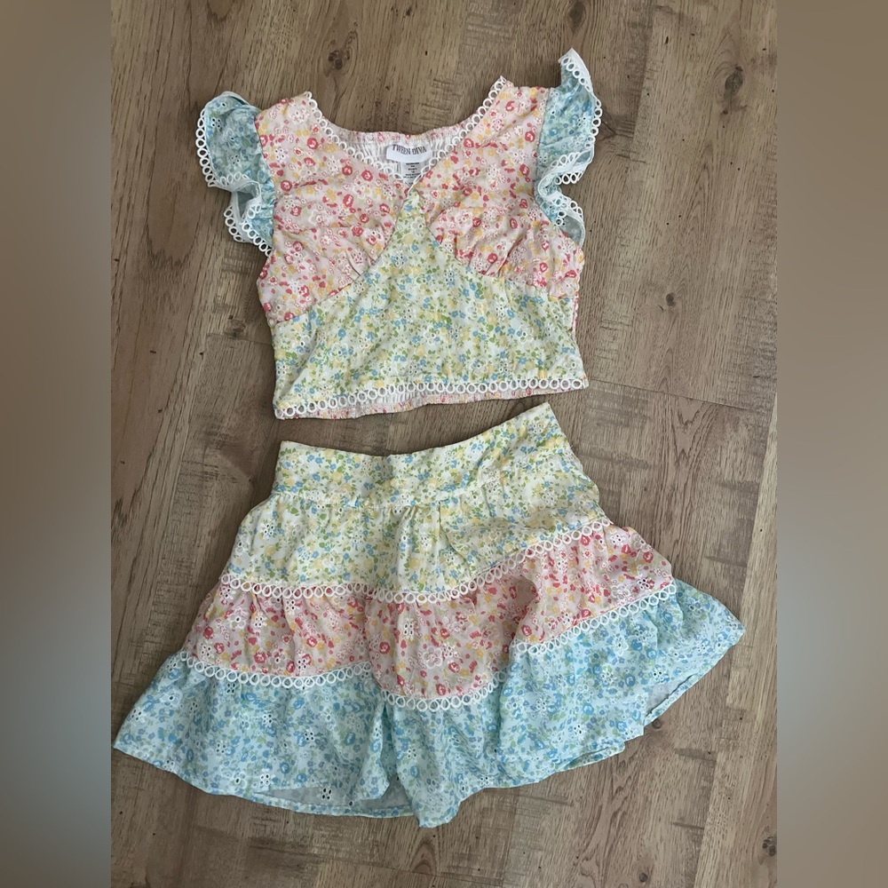 Pink and Yellow Matching Skirt Set with Ruffled Edges
